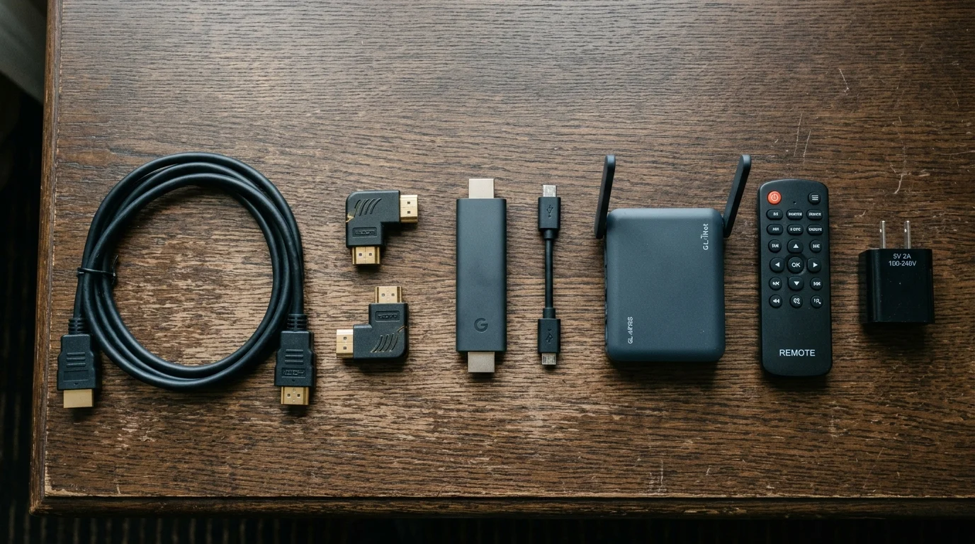 HDMI cable, right-angle adapters, streaming stick, travel router, remote, and power plug neatly arranged on a wooden desk.