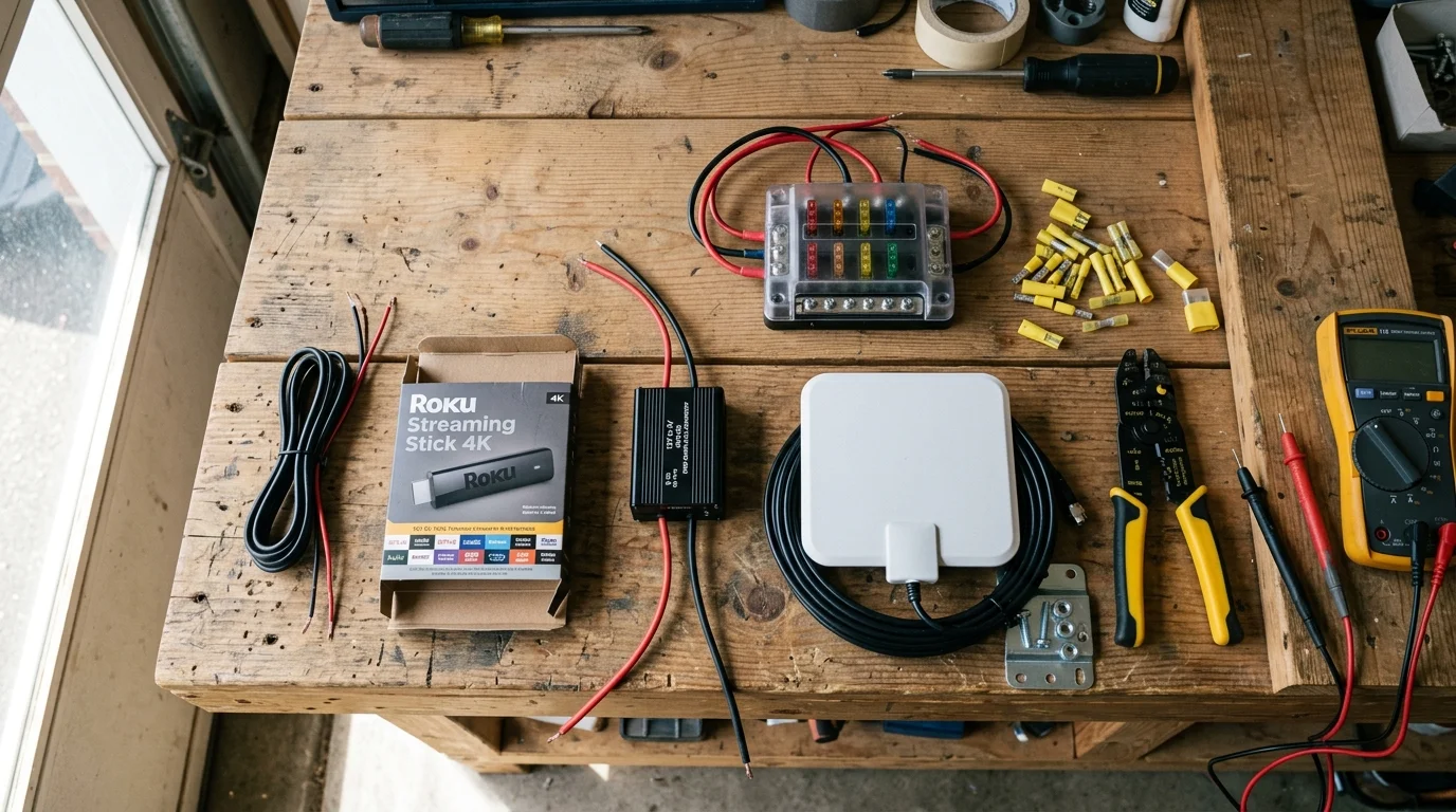 Roku Streaming Stick box, buck converter, antenna, fuse block, wire strippers, multimeter, and wiring on a wooden workbench.