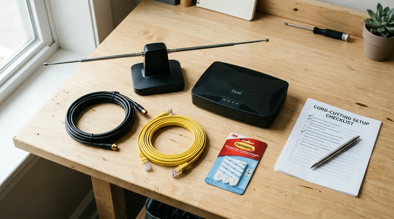 Indoor TV antenna, Tablo tuner, coaxial cable, yellow ethernet cord, mounting strips, and a checklist on a wooden desk.