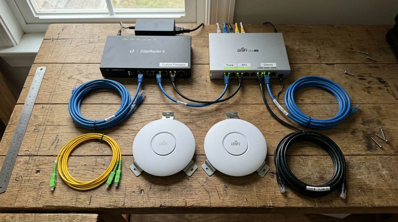 Ubiquiti EdgeRouter 4 and UniFi switch wired to two round access points, Ethernet cables, and fiber on a wooden desk.