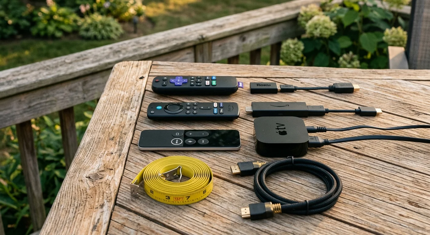 Streaming devices, remotes, an Apple TV, an HDMI cable, and a yellow measuring tape arranged on an outdoor wooden table.