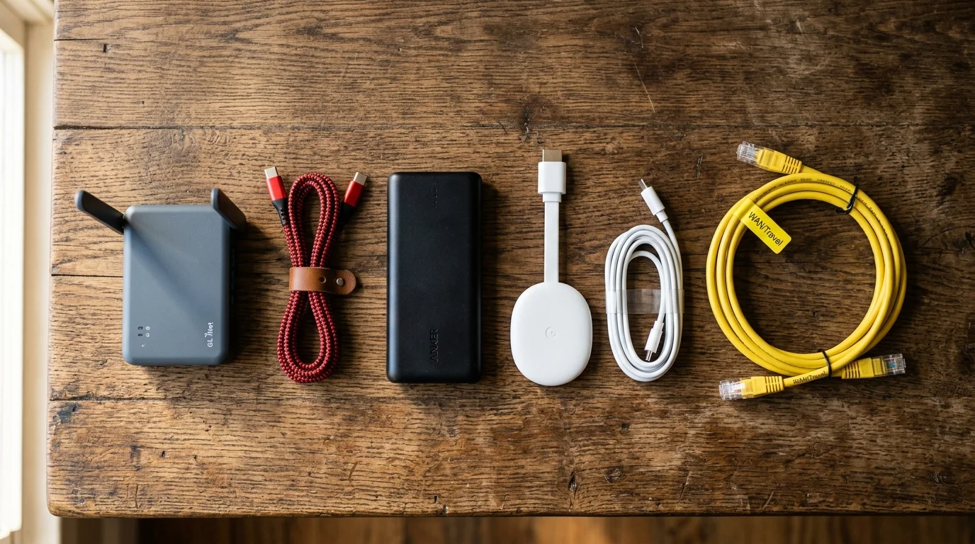 Travel router, braided cable, power bank, streaming dongle, USB cable, and yellow ethernet cord on a rustic wooden table.