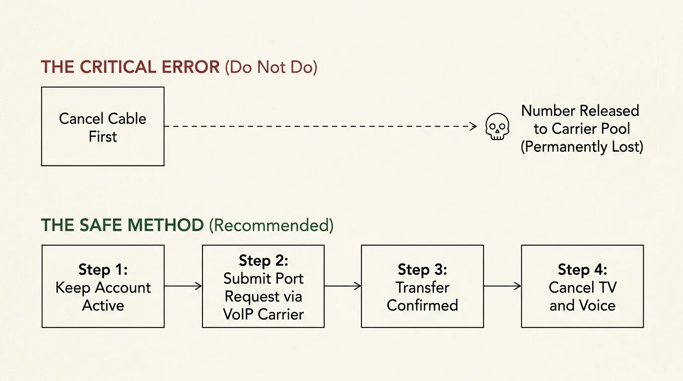 Diagram contrasting an error of canceling cable first with a four-step safe method to keep an account active before porting.