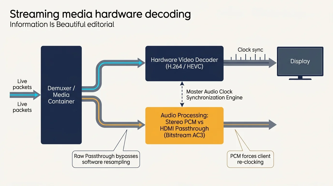 Diagram showing live packets routed through a demuxer into hardware video and audio processing blocks feeding a display.