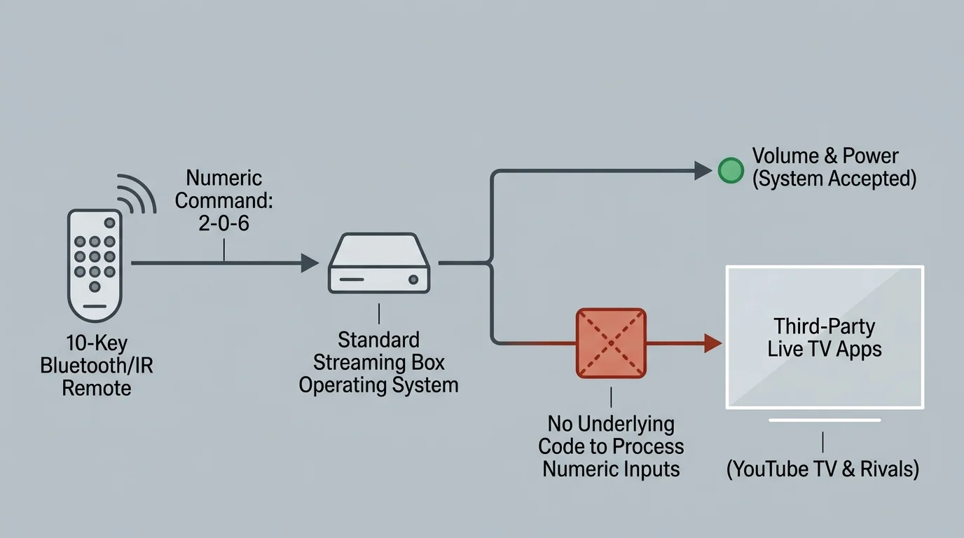 Diagram showing a streaming box accepting power signals but blocking remote number inputs from reaching third-party TV apps.