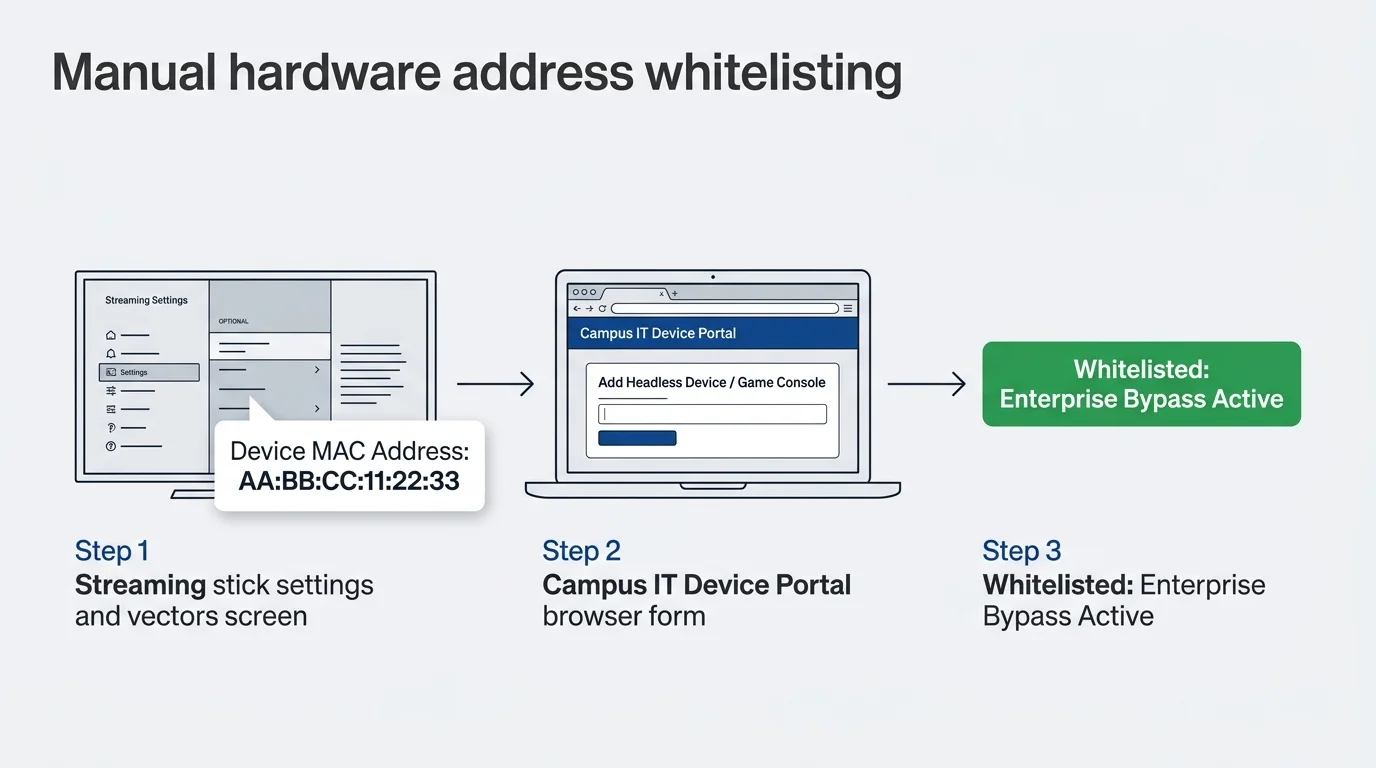 Diagram outlining three steps to whitelist a MAC address on a campus IT device portal for enterprise bypass.