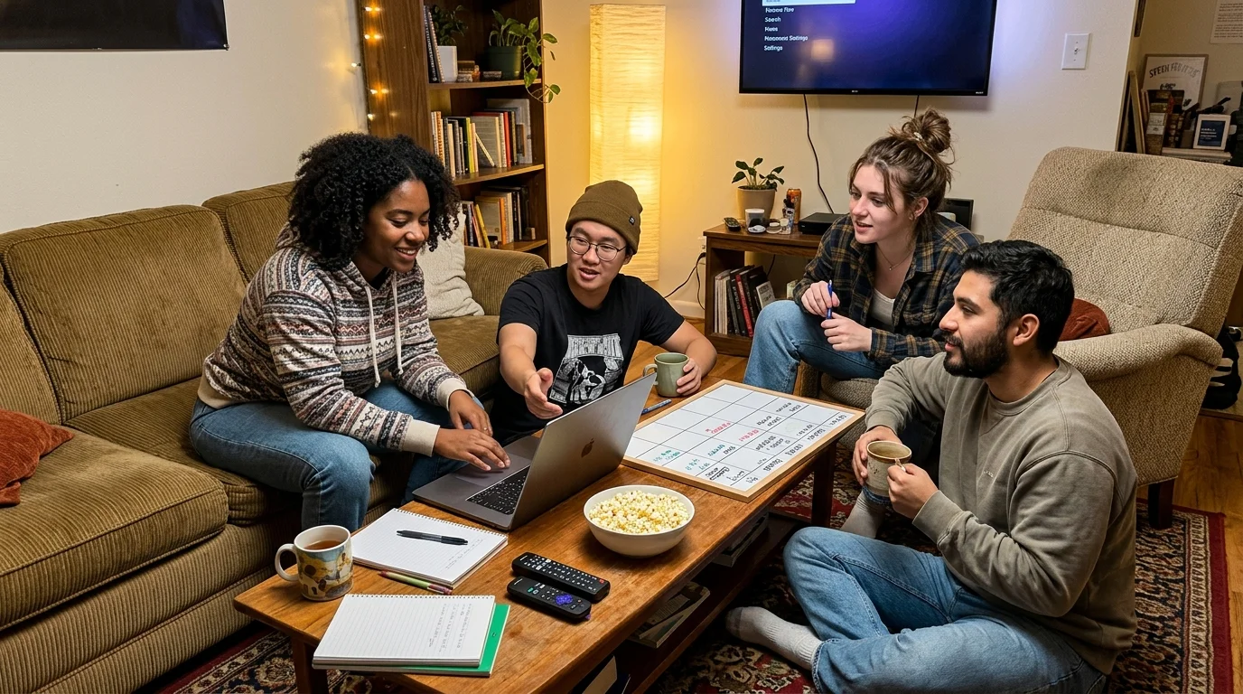 Four young adults sit in a living room around a coffee table with a laptop, planner whiteboard, mugs, and popcorn.