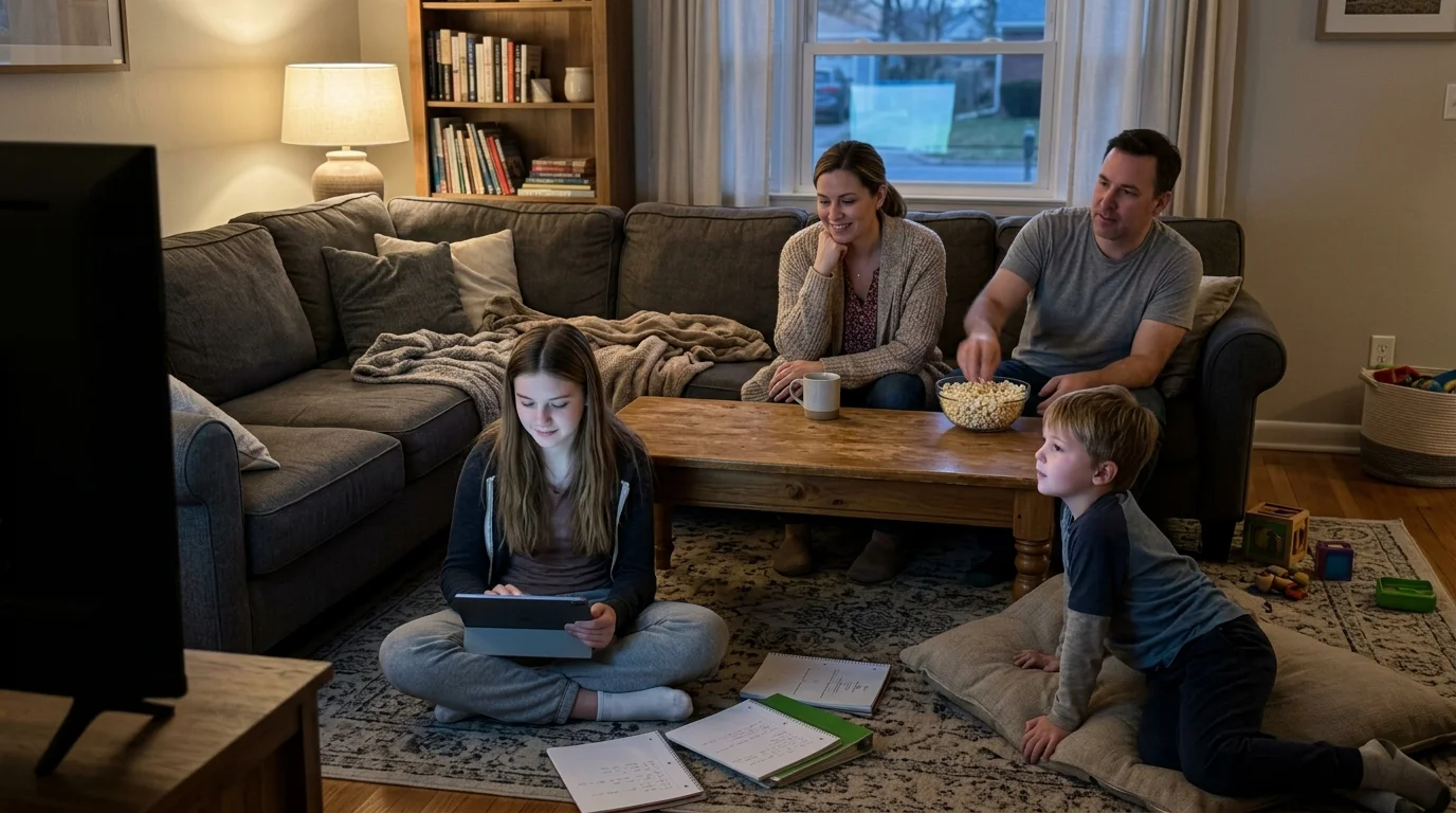Family of four relaxing in a living room, with parents on a couch, a girl using a tablet, and a young boy watching TV.