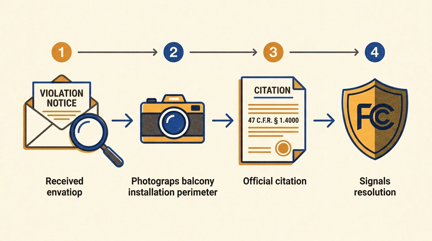 Four-step diagram showing a violation notice, a camera, a legal citation document, and an FCC shield logo.