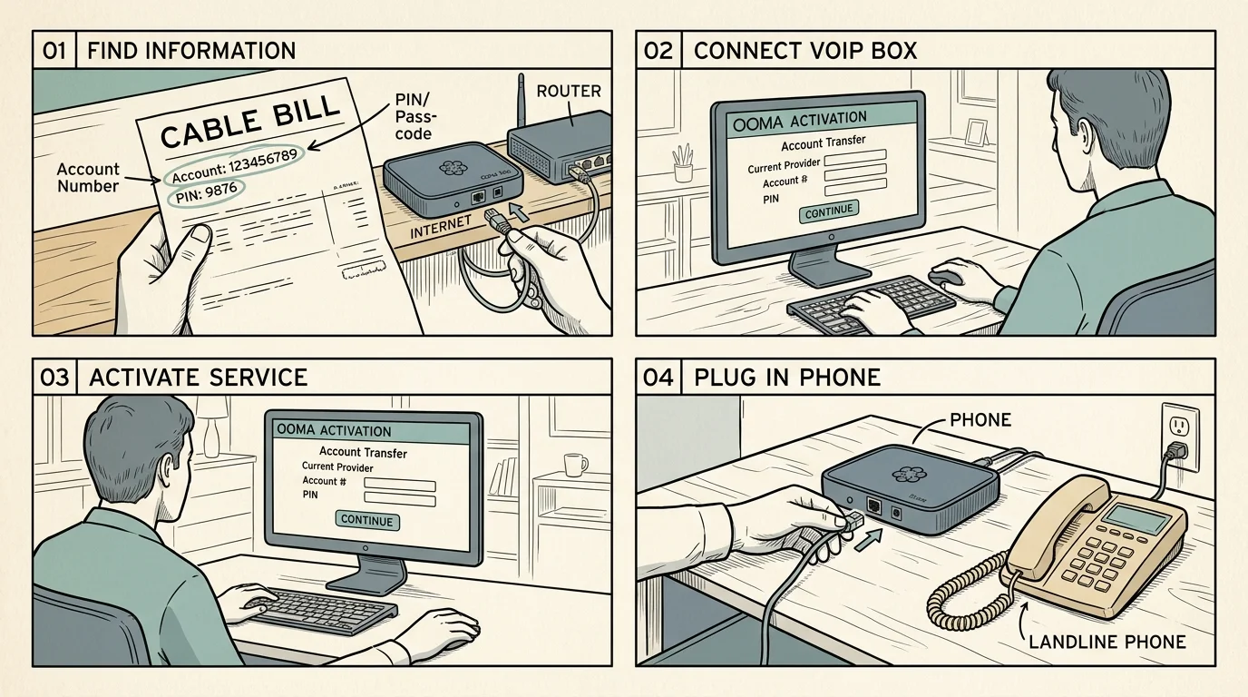 Four-panel diagram showing cable bill details, connecting a VoIP box, online activation on a computer, and plugging in a phone.