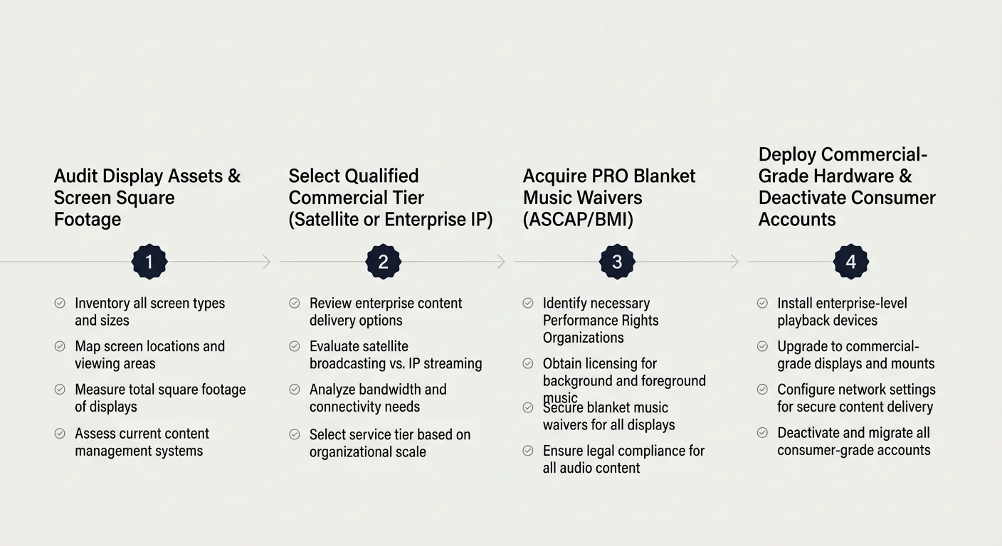 Four-step compliance process flowchart detailing screen auditing, commercial tiers, music waivers, and hardware deployment.