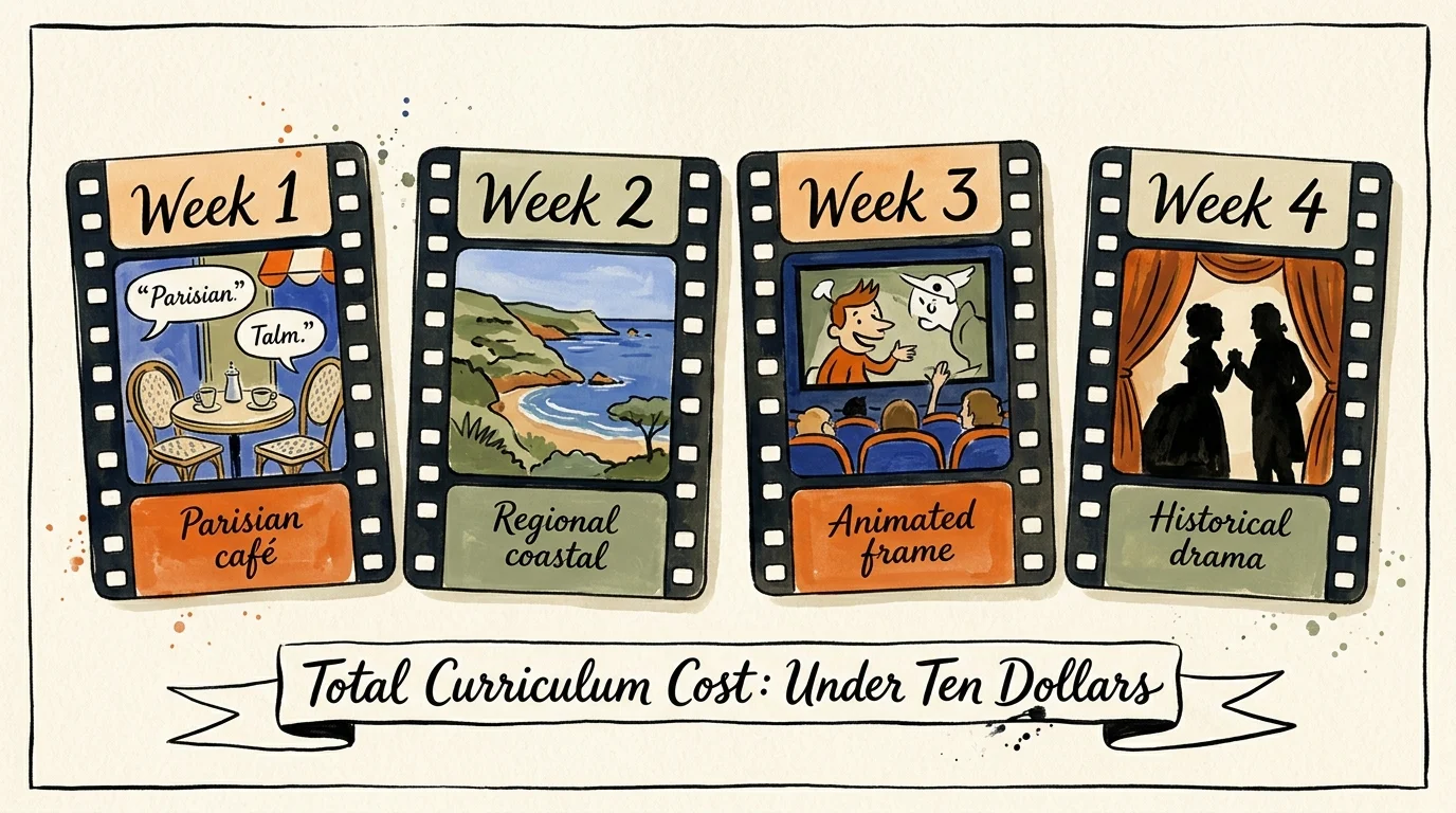 Illustration of four filmstrip cards labeled Week 1 to 4 with a banner reading Total Curriculum Cost: Under Ten Dollars.