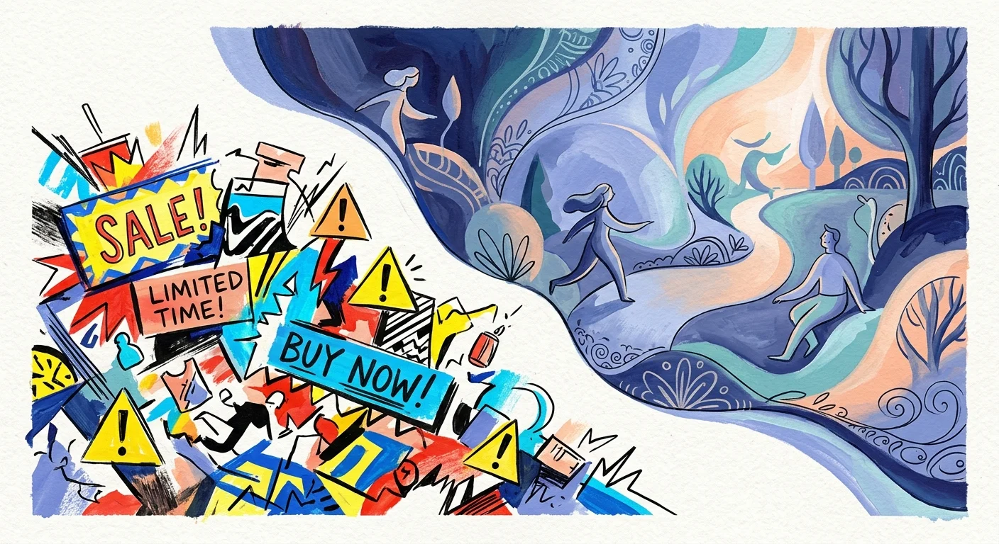 Chaotic commercial sale signs contrast with a serene blue landscape featuring calm figures walking along paths.