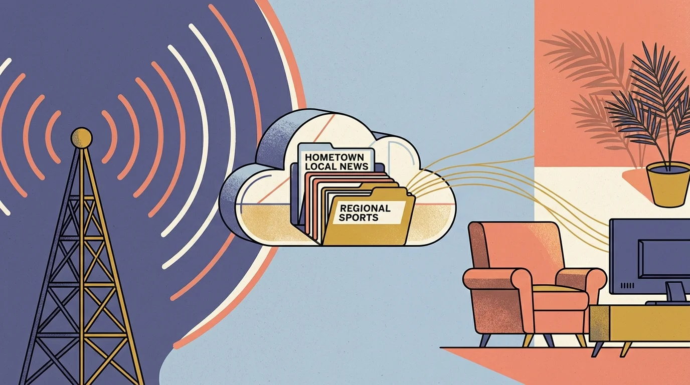 Illustration of a broadcast tower sending signals to a cloud filled with file folders connected to a living room TV.