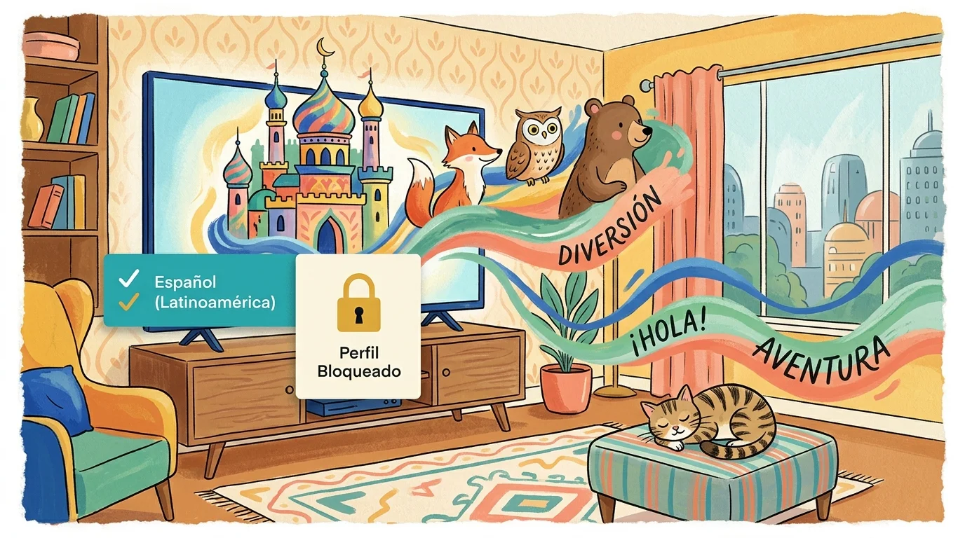Illustration of a living room television showing a colorful castle, animals, and Spanish audio lock prompts.