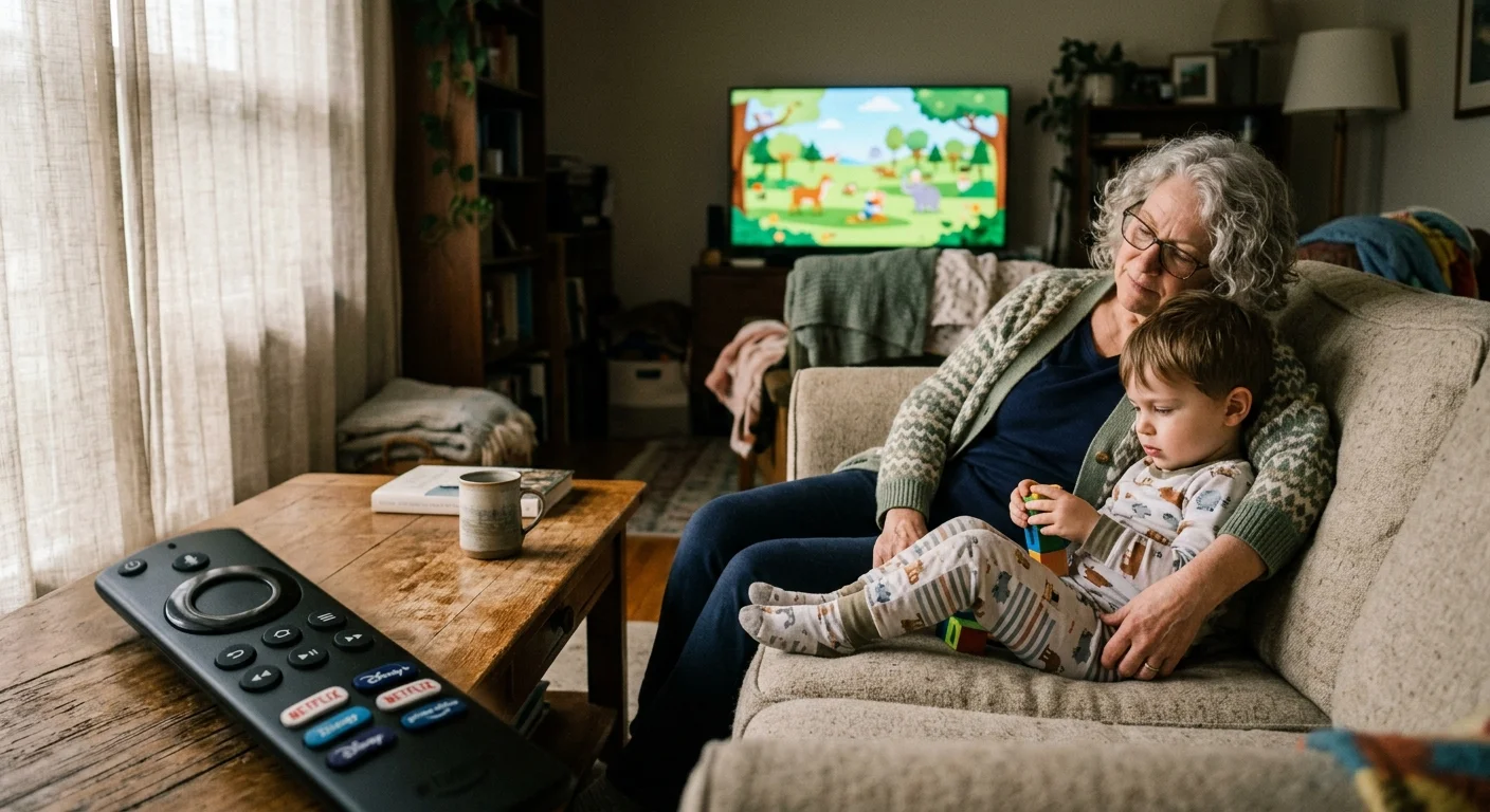An oversized remote on a coffee table near an older woman and a toddler sitting on a couch watching TV.