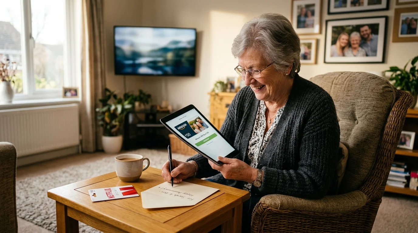An older woman holding a tablet writes a note at a wooden table beside a Netflix gift card and mug.