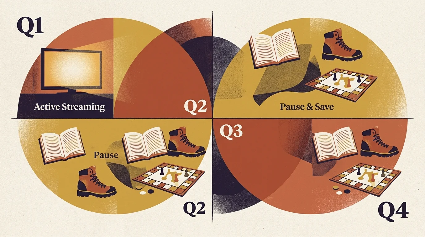Four quarterly quadrants illustrating active streaming in Q1 alongside paused quarters featuring books and board games.