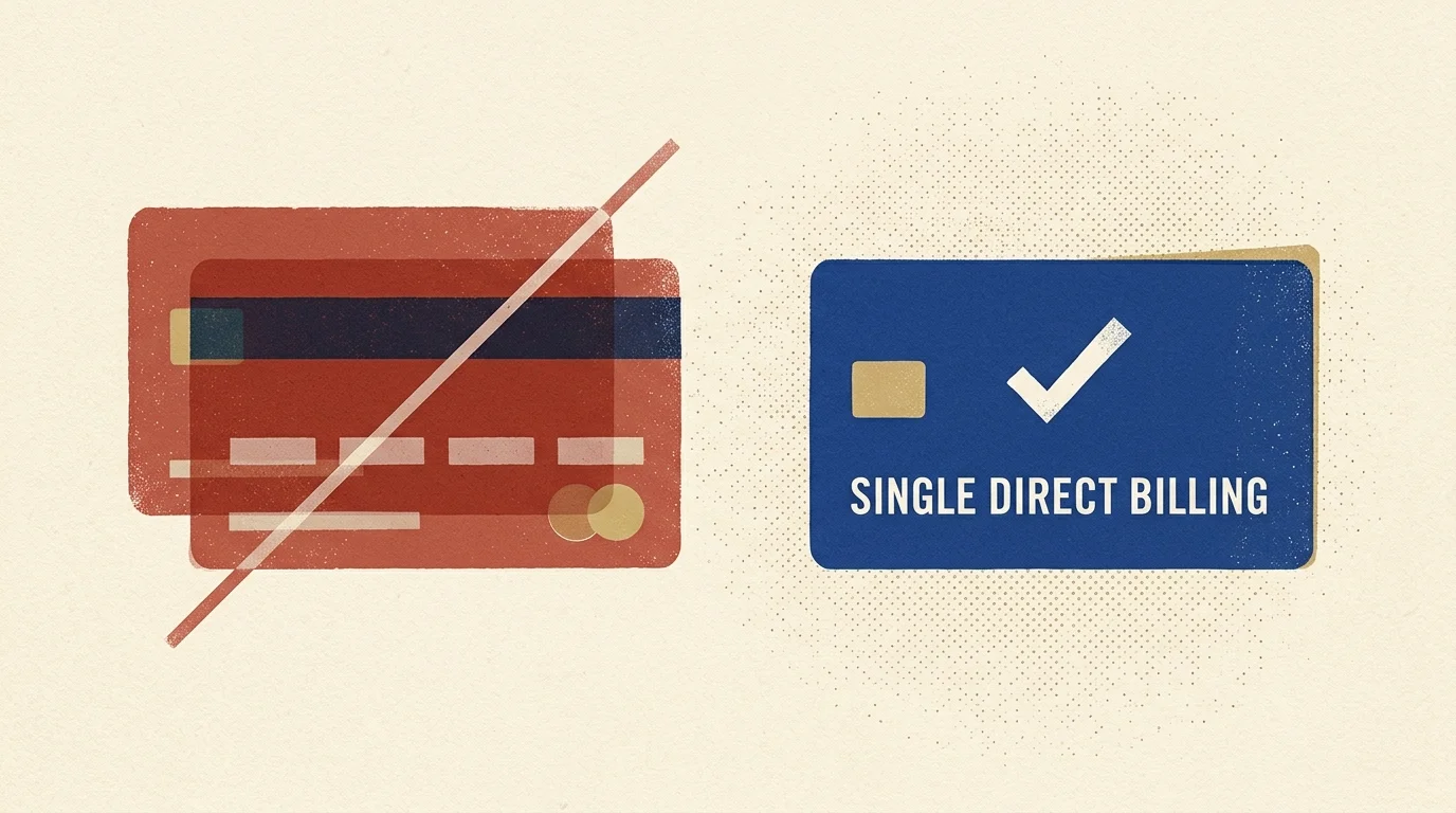 Illustration of two overlapping red credit cards crossed out next to a blue card labeled single direct billing.