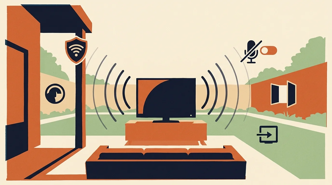 Illustration of an outdoor patio television setup with Wi-Fi signal arcs, privacy shield, and muted microphone icons.