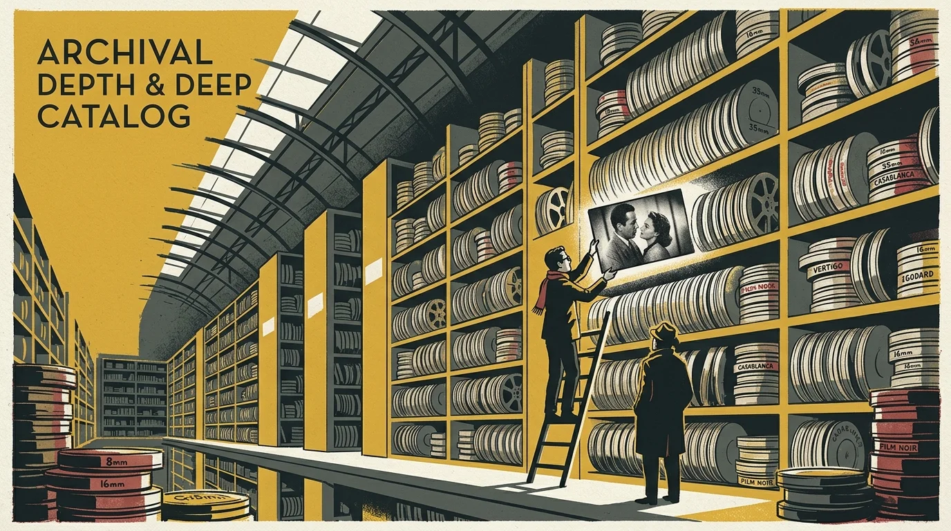 Illustration of two men in a vast archive filled with towering shelves of film reels, looking at a classic movie scene.