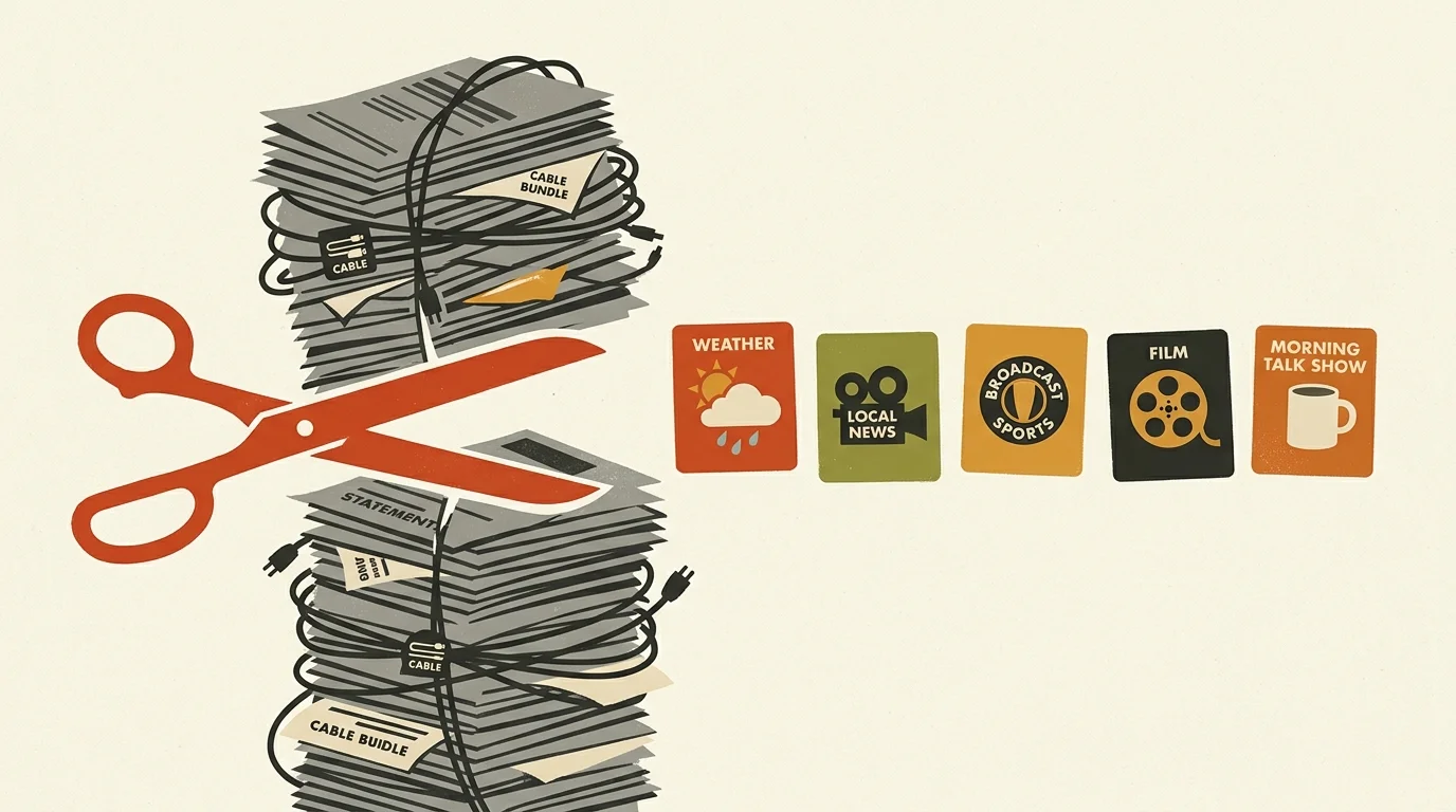 Red scissors cutting a stack of cable bills wrapped in cords next to five colorful television genre icons.