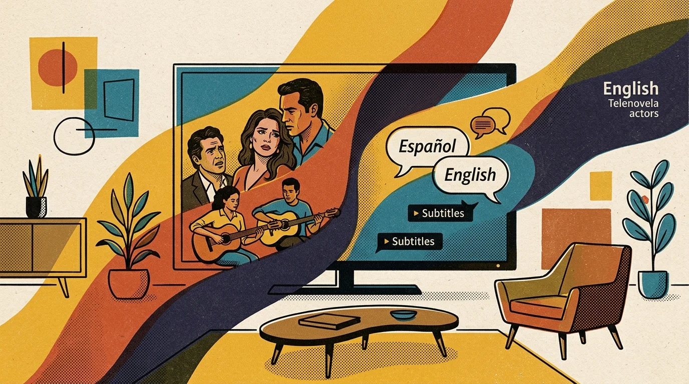 Retro illustration of a television displaying actors, musicians, and bilingual subtitle options in a stylized living room.