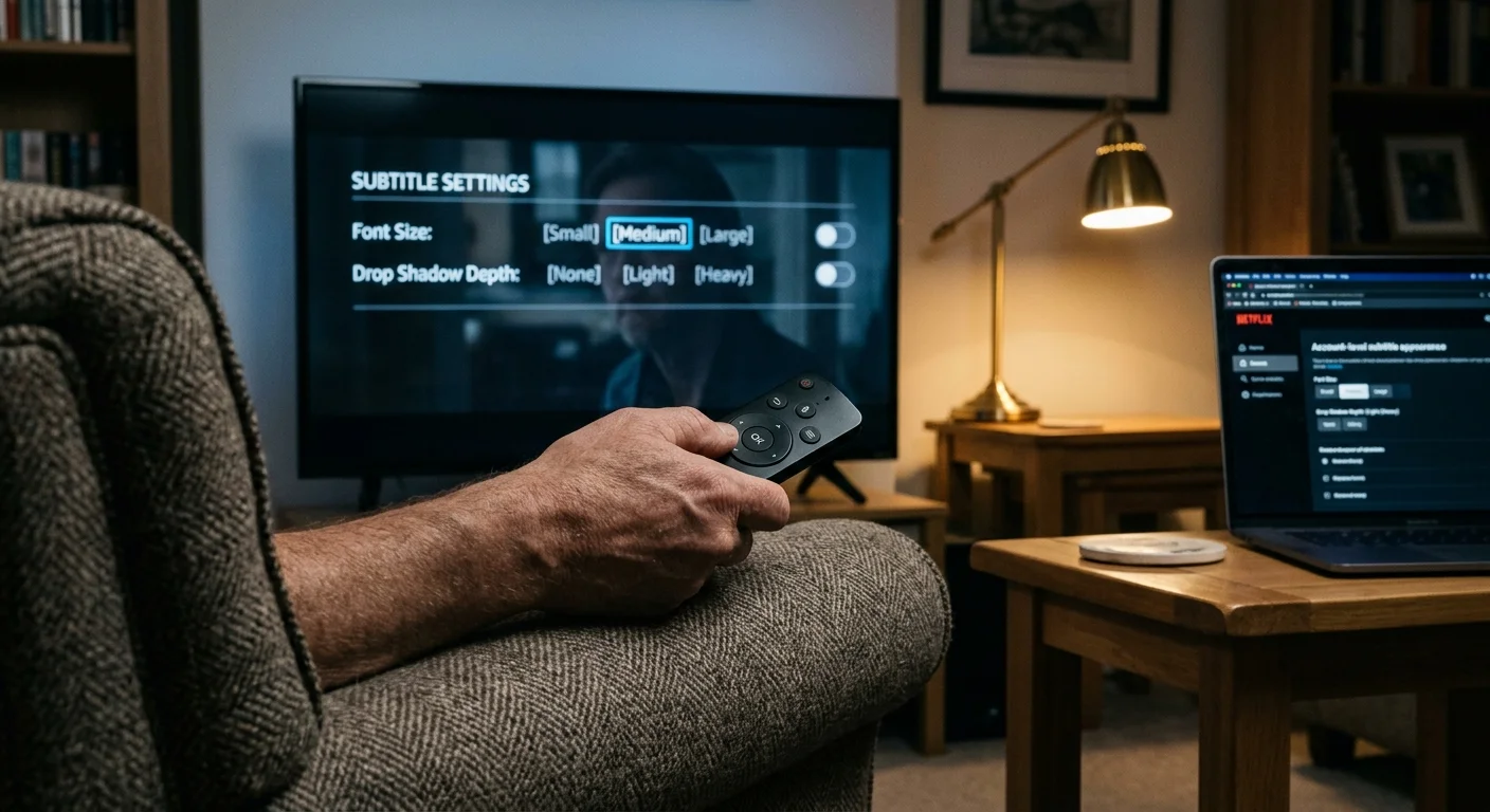 Hand pointing a remote at a television screen showing subtitle settings, next to an open laptop on a side table.