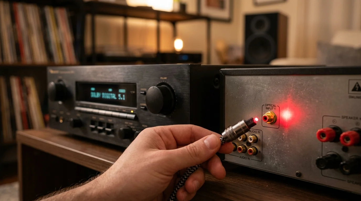 A hand holding an optical audio cable with a glowing red tip toward the optical input port of an audio receiver.