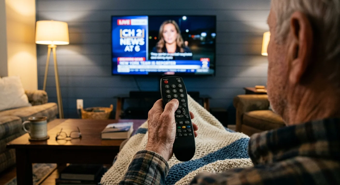 Close-up of an older man holding a remote control with a numeric keypad, pointing it toward a living room television.