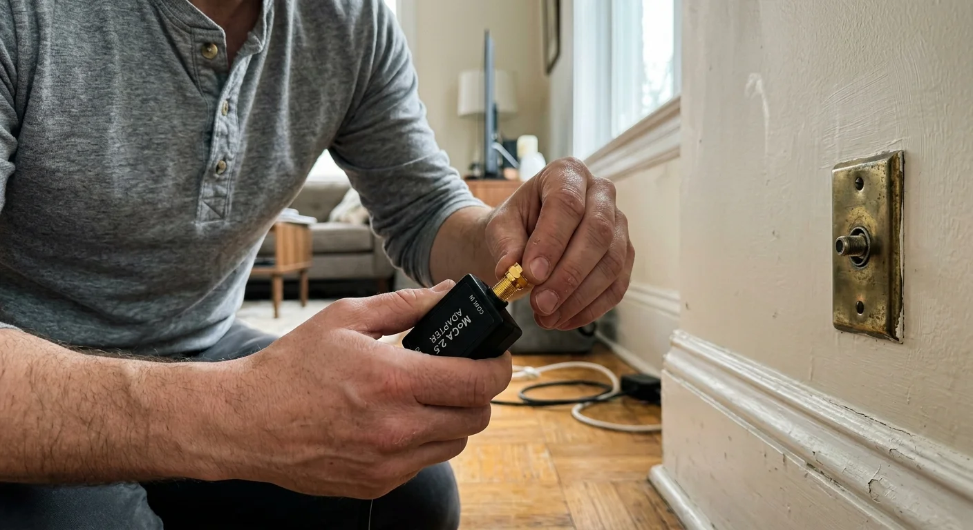 A man kneeling on a wood floor holds a black MoCA 2.5 adapter next to a vintage brass coaxial wall jack.
