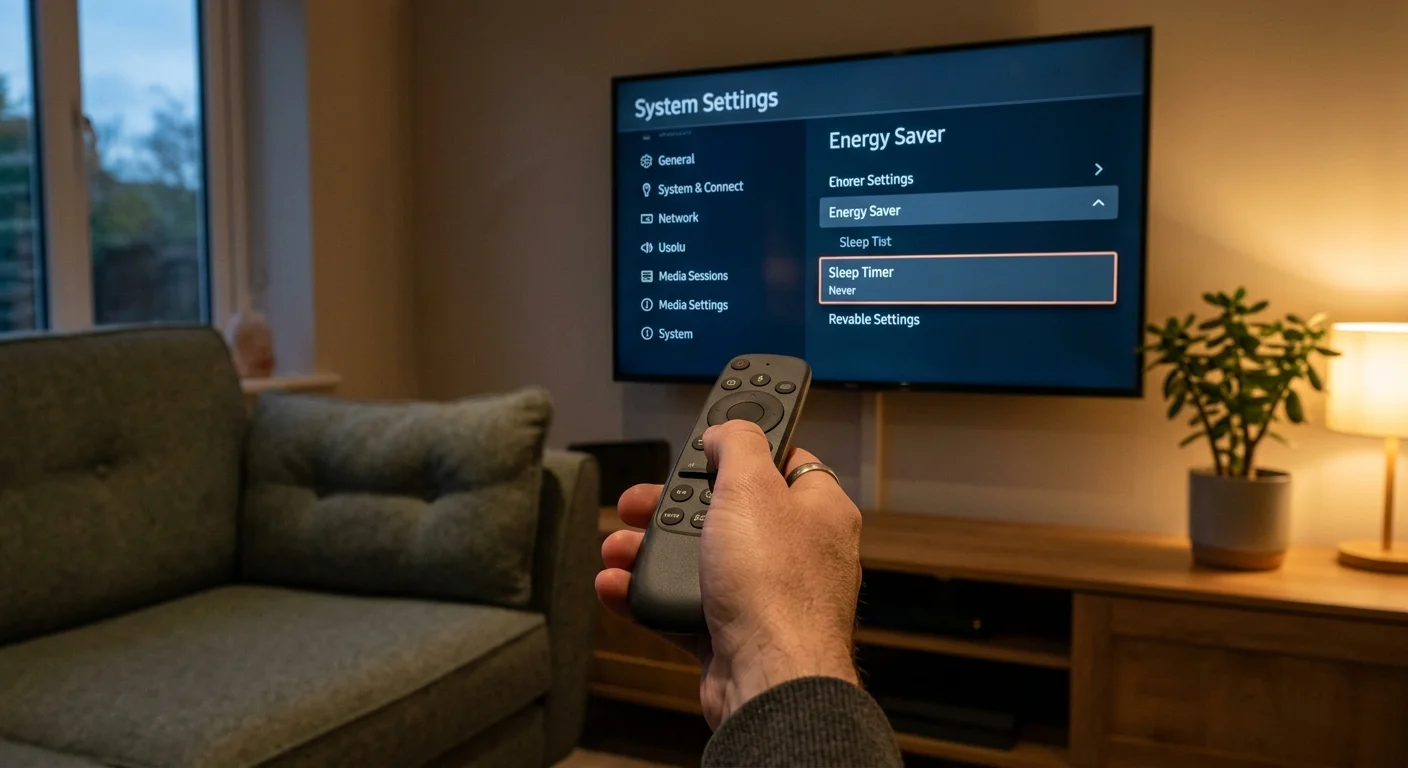 Hand pointing a remote control at a wall-mounted TV displaying an Energy Saver and Sleep Timer system settings menu.