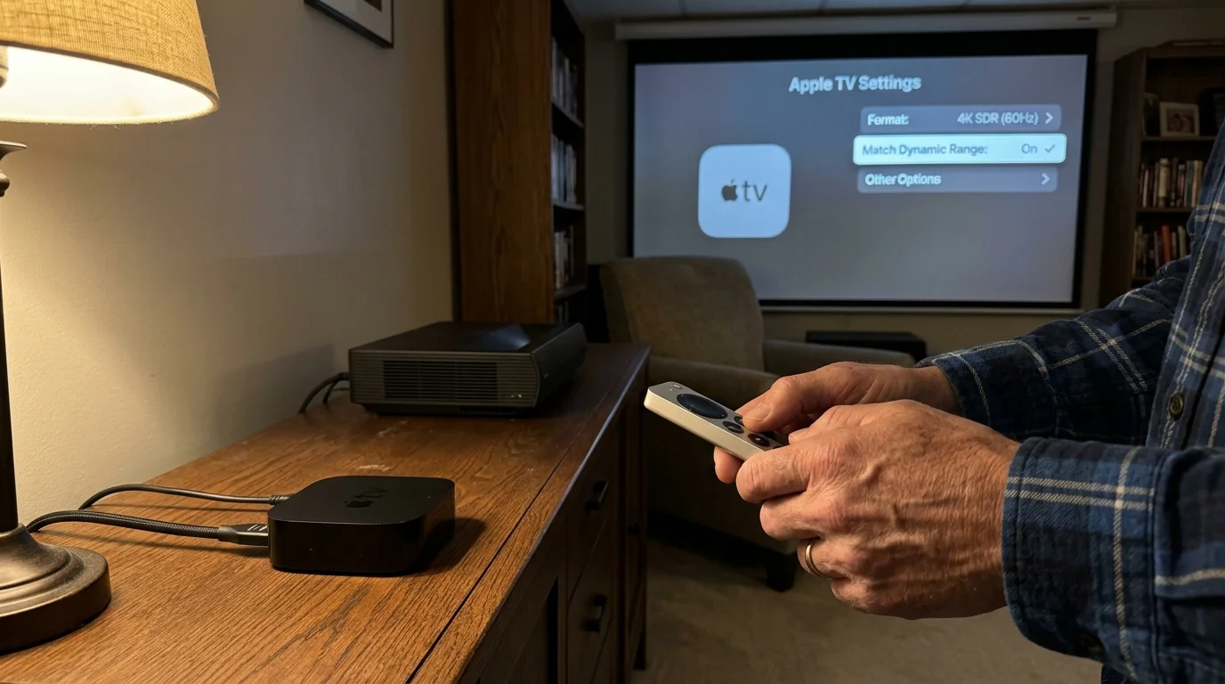 A person holding an Apple TV remote navigates settings projected on a large screen with an Apple TV unit on a wooden console.