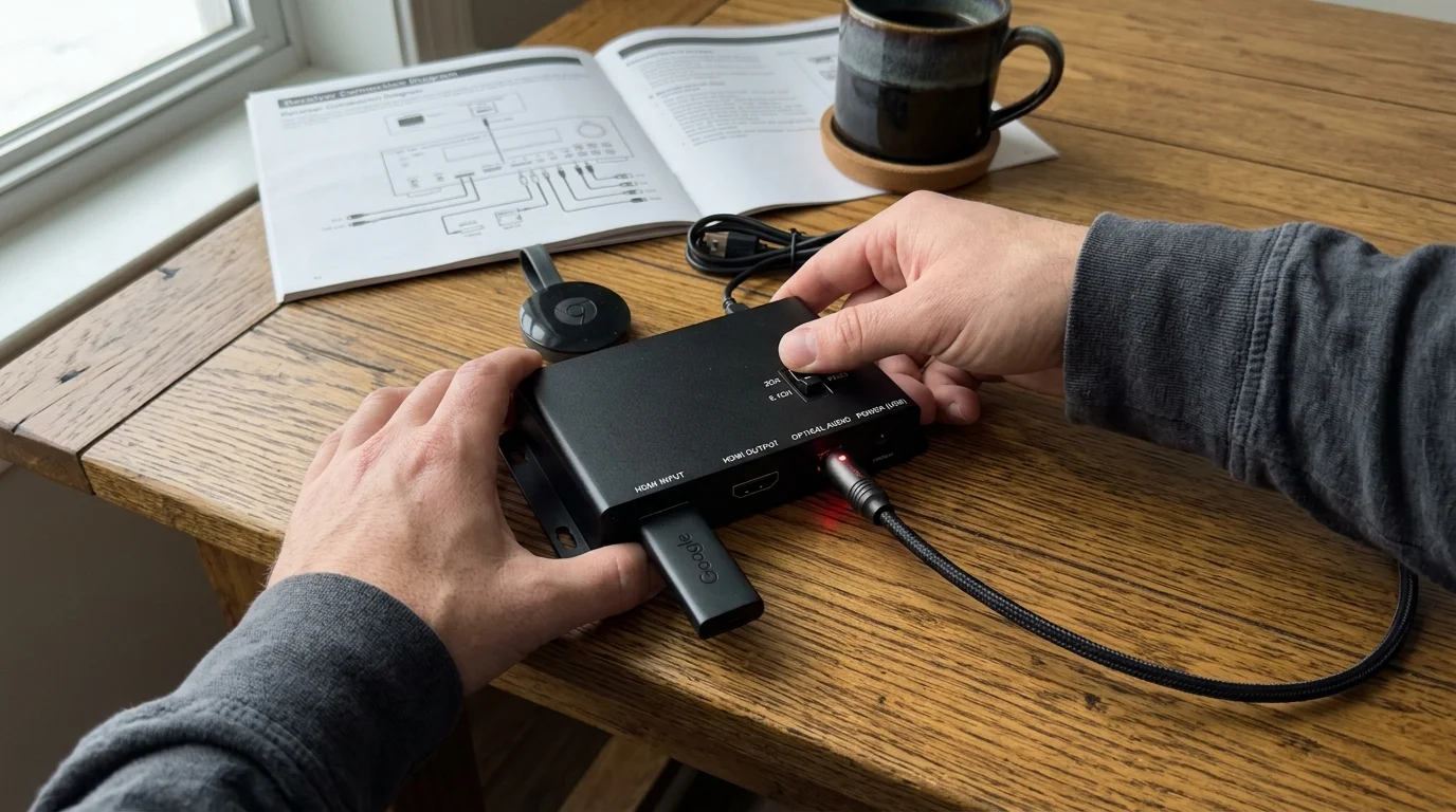 Person toggling a switch on an audio extractor connected to a streaming stick, optical cable, and manual on a wooden desk.