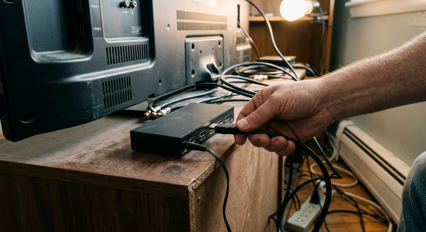 A person's hand plugs an HDMI cable into a black splitter box resting behind a flat-screen television.