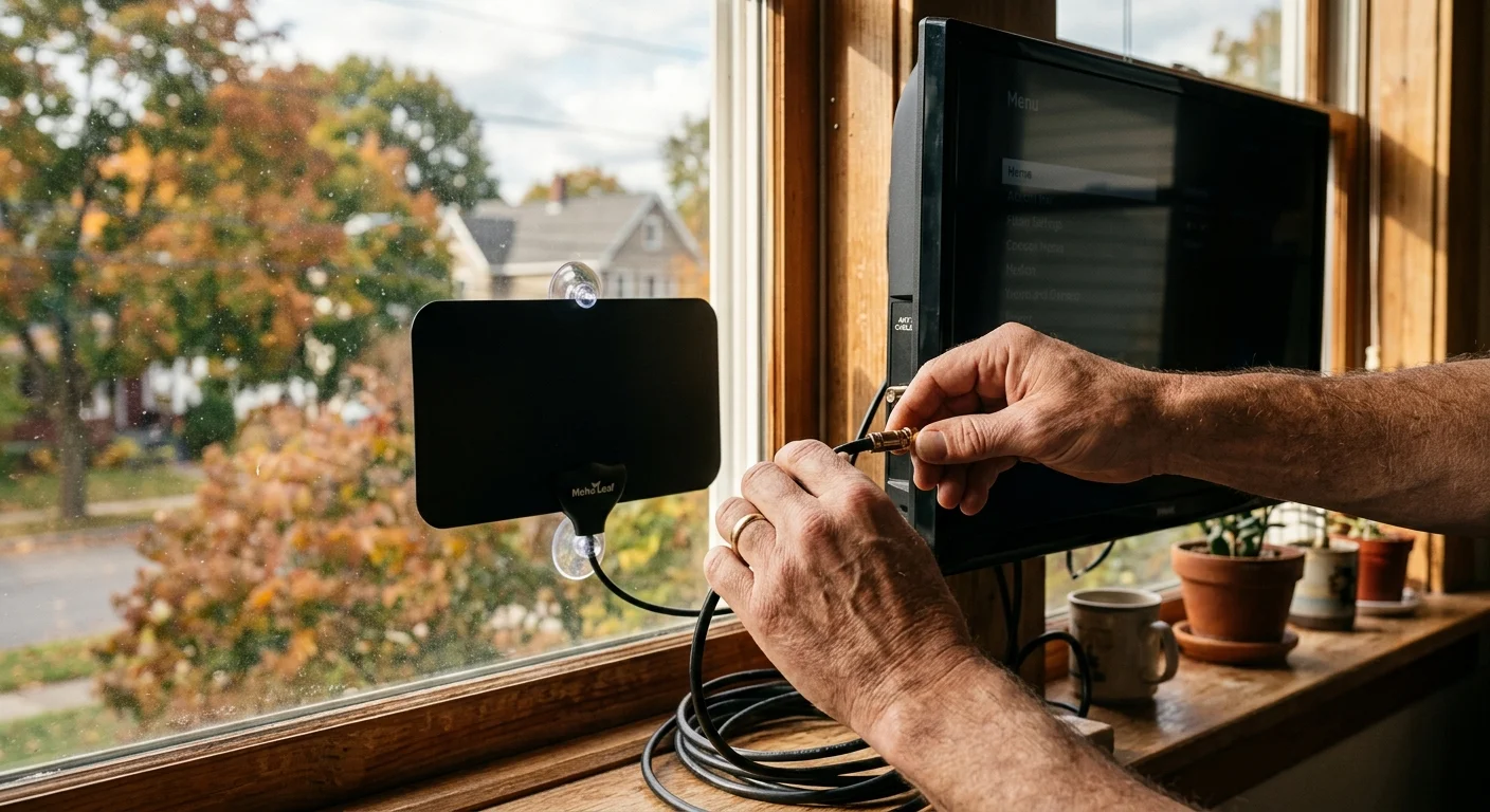 Hands connecting a coaxial cable from a black flat antenna suctioned to a window into the back of a small TV.