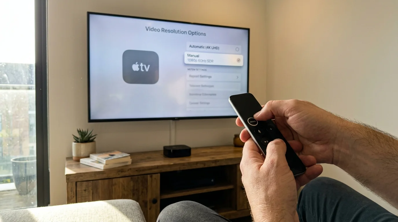 Person holding an Apple TV remote pointed at a television displaying video resolution options set to 1080p SDR.