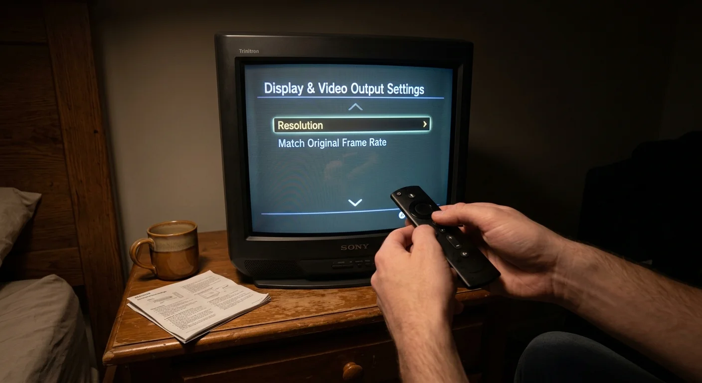 A person points a remote at a vintage Sony Trinitron TV showing a Display and Video Output Settings menu.