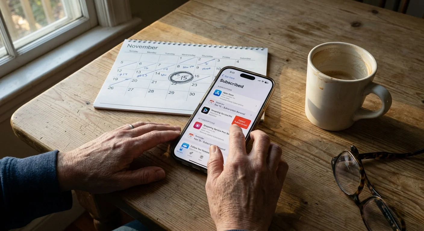 Person holding a smartphone showing subscription settings beside a desk calendar, a coffee mug, and eyeglasses.