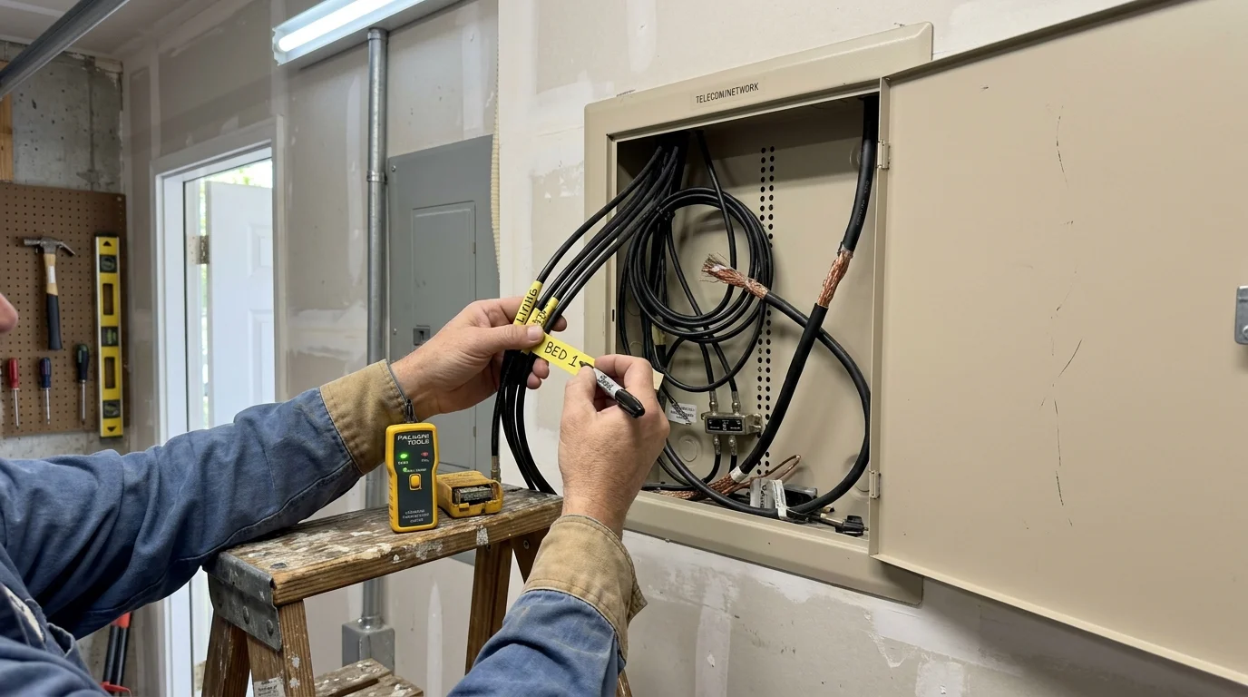 A person writing on yellow labels attached to black cables inside an open telecom and network panel on a wall.
