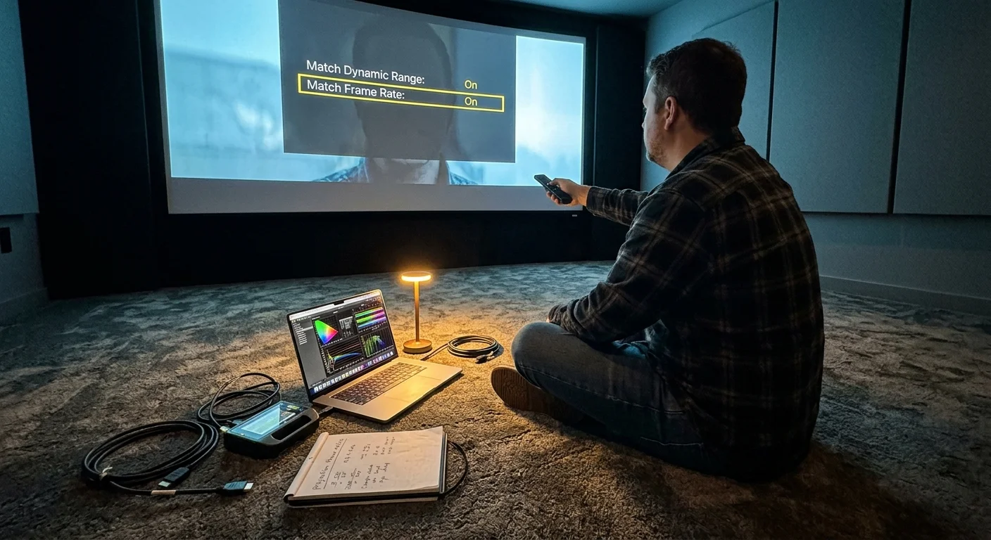 A man sits on a home theater floor holding a remote, facing a projector screen displaying matching settings.