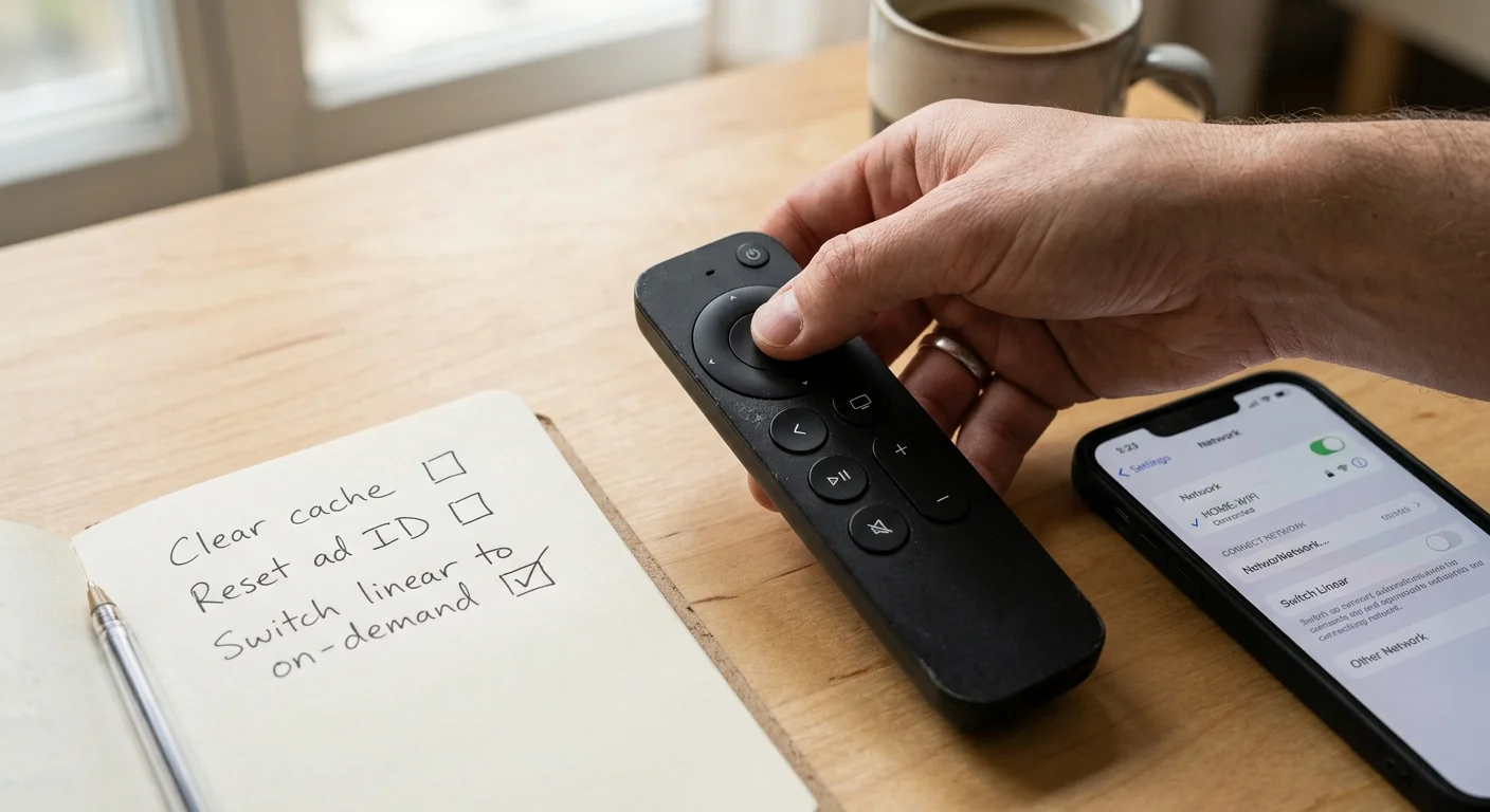 Hand holding a remote control on a wooden desk next to a handwritten checklist and a smartphone.