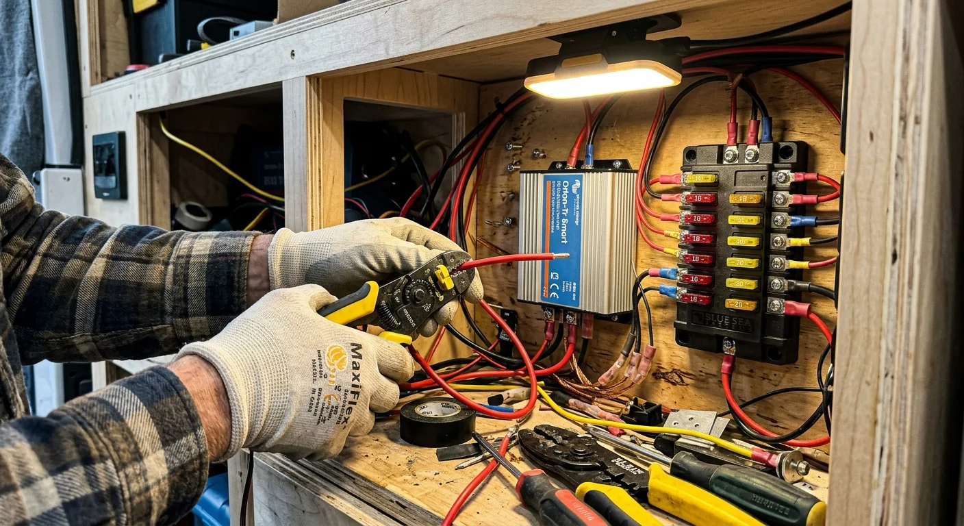 Person in work gloves stripping red wire inside a camper electrical cabinet next to a fuse block and DC-DC charger.
