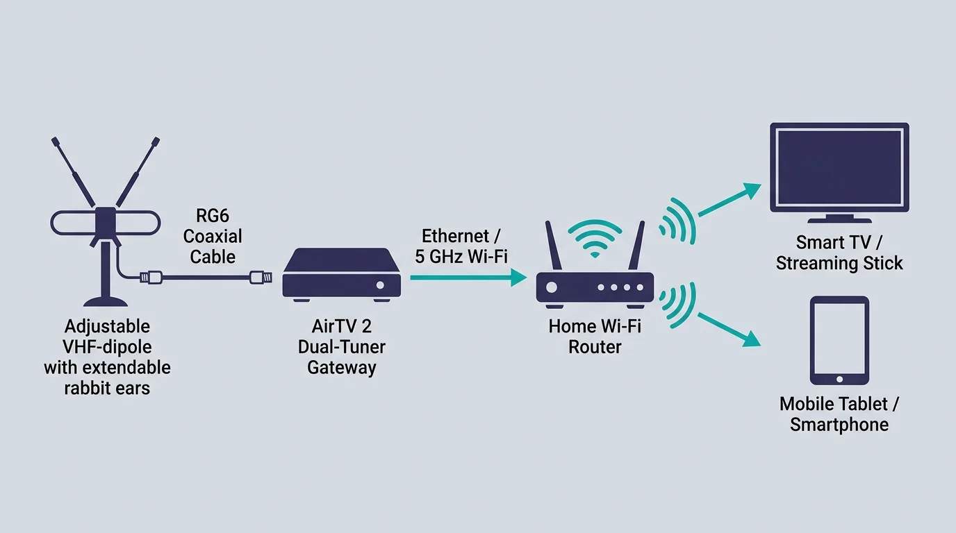 Diagram connecting an adjustable VHF-dipole antenna to an AirTV 2 gateway, home Wi-Fi router, smart TV, and mobile device.