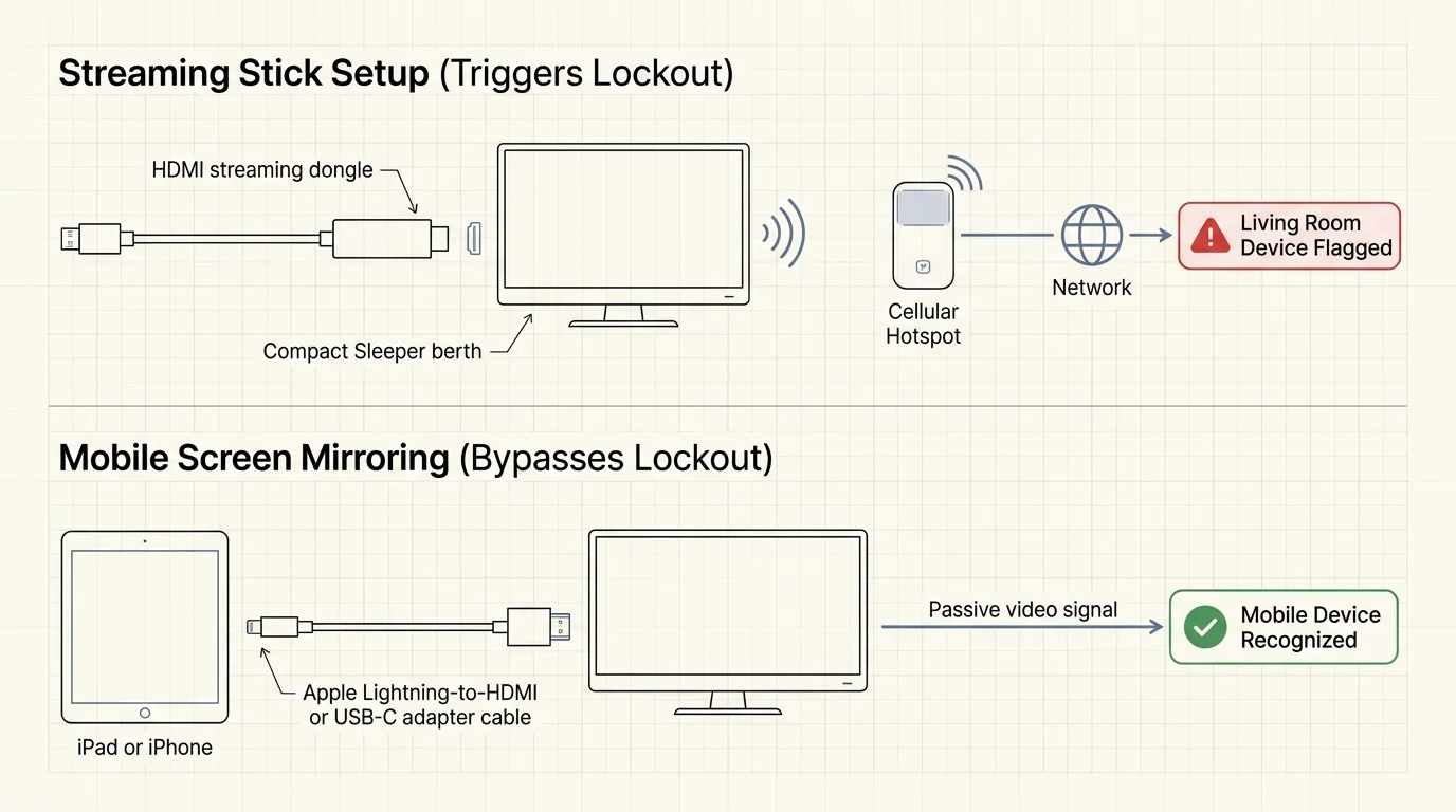 Diagram contrasting a streaming stick setup triggering a device lockout against mobile screen mirroring bypassing it.