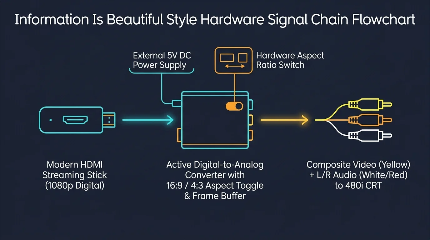 Diagram of a signal chain connecting an HDMI streaming stick to an active converter box with RCA cables.