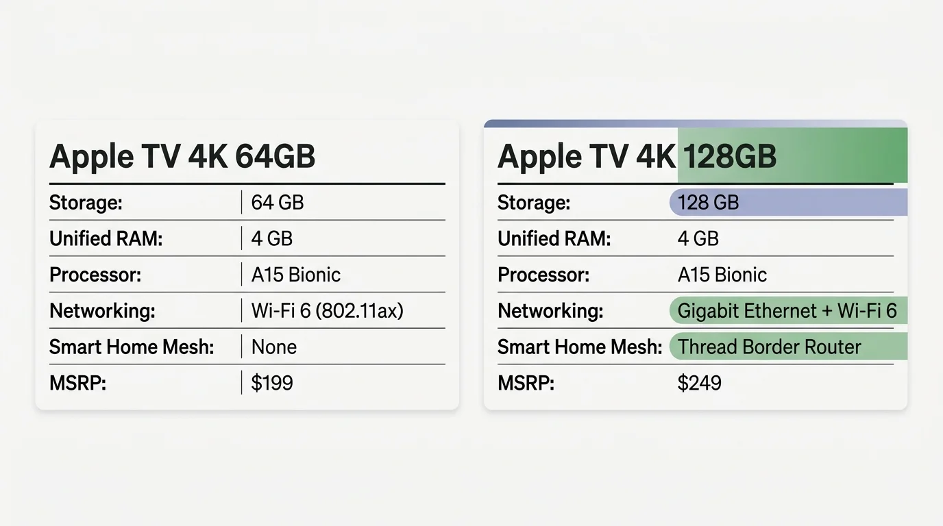 Comparison table of hardware specs and MSRP for Apple TV 4K 64GB and 128GB models.