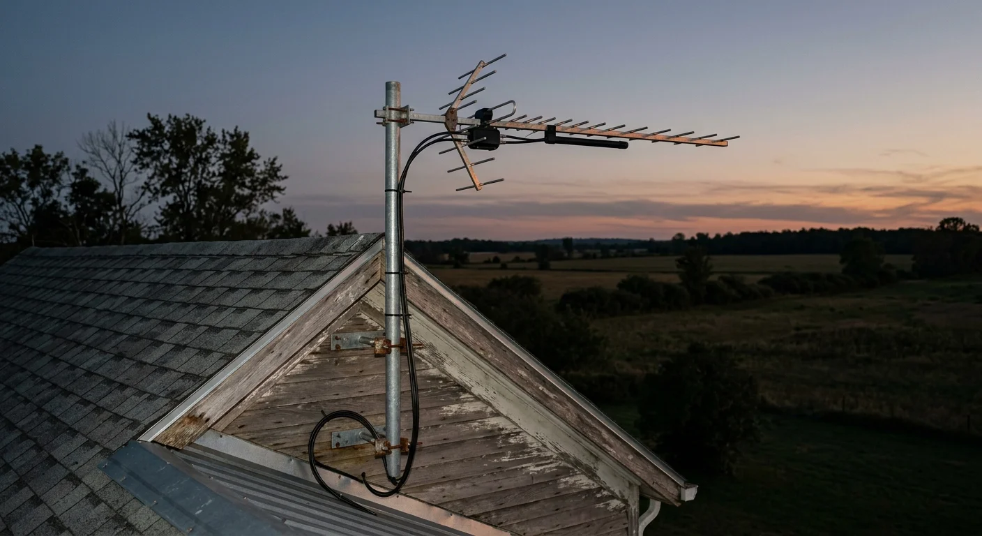 Directional UHF television antenna mounted on a pole affixed to the wooden gable of a rural house roof at dusk.