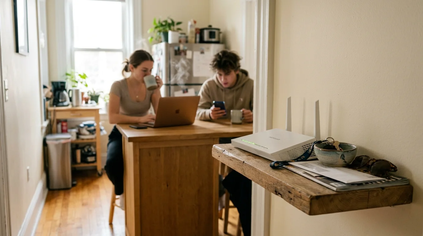 A white Wi-Fi router on a wooden shelf in the foreground with two young adults working on devices in the kitchen behind it.