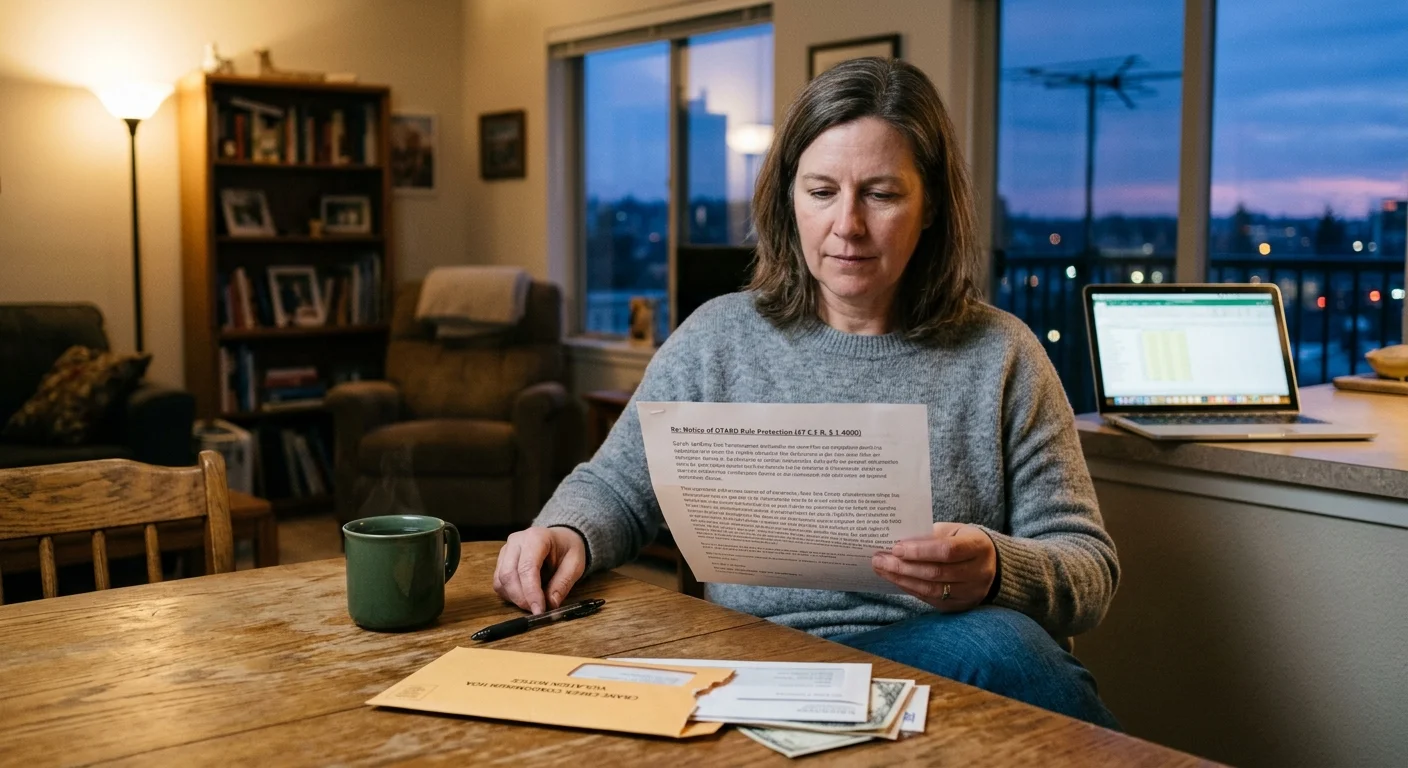 A woman sits at a wooden table in an apartment reading a printed letter, with a balcony antenna visible outside.